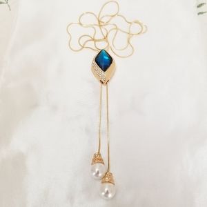 Blue Stone Women's Adjustable Necklace. 14K Gold Plated.